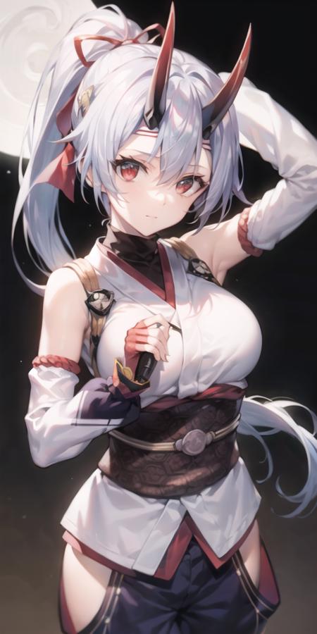 11238-403259411-tomoe gozen _(fate_), 1girl, solo, japanese clothes, red eyes, hair between eyes, looking at viewer, red hair ribbon, grey hair,.png